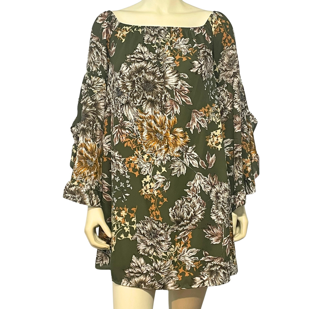 Altar'd State Sz M Off Shoulder Mini Dress Ruffled Bell Sleeve Green Floral Boho